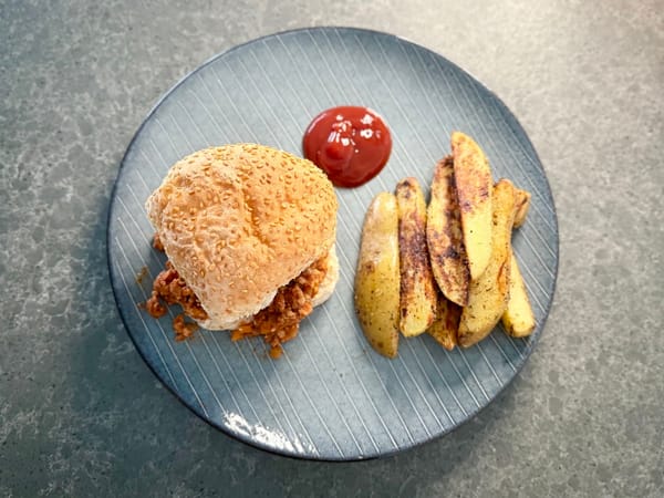Pan Fried Potato Wedges With a Sloppy Joe and Ketchup